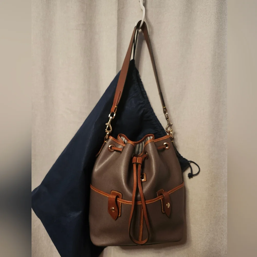 Dooney & Bourke Camden Saffiano Leather Bucket Bag-Elephant- EUC And Dustbag